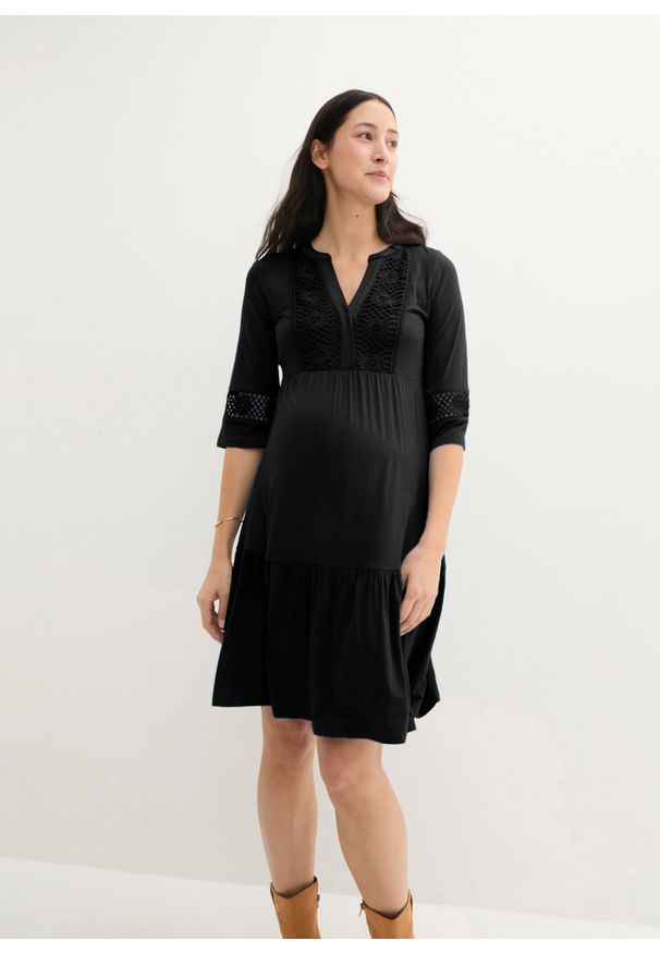 bonprix - Sukienka ciążowa i do karmienia piersią. Kolekcja: moda ciążowa. Kolor: czarny. Wzór: ażurowy, haft