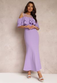 Renee - Fioletowa Sukienka Taliowana z Falbanką Lariphelia. Kolor: fioletowy. Wzór: aplikacja