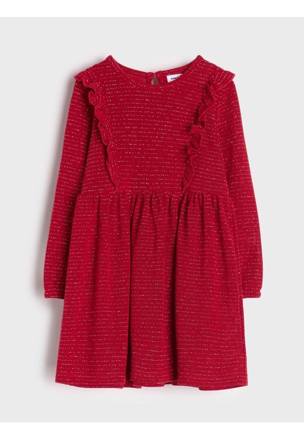 Sinsay - Sukienka z falbankami - bordowy. Typ kołnierza: kołnierz z falbankami. Kolor: czerwony. Długość rękawa: długi rękaw. Typ sukienki: rozkloszowane