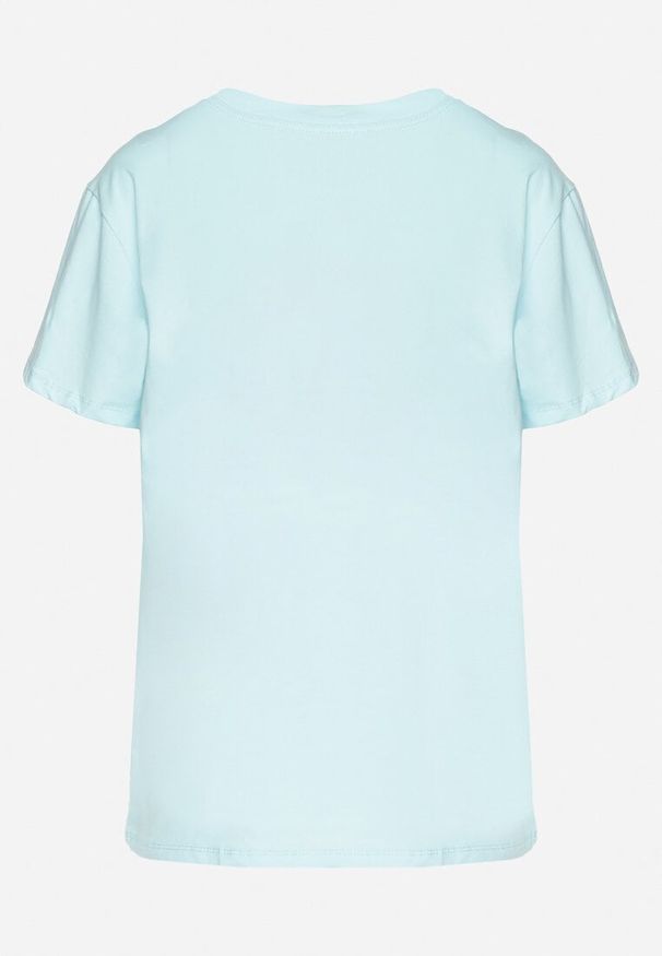 Born2be - Jasnoniebieski T-shirt z Bawełny Ozdobiony Napisem i Cyrkoniami Olireth. Okazja: na co dzień. Kolor: niebieski. Materiał: bawełna. Wzór: napisy, aplikacja. Styl: elegancki, casual