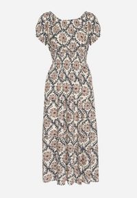 Born2be - Beżowo-Niebieska Sukienka z Bawełną i Bufiastymi Rękawami Revilee. Okazja: na spacer, na co dzień. Kolor: beżowy. Materiał: bawełna. Wzór: aplikacja. Styl: casual, elegancki #7