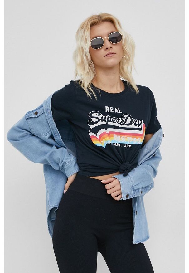 Superdry T-shirt bawełniany kolor granatowy. Okazja: na co dzień. Kolor: niebieski. Materiał: bawełna. Wzór: nadruk. Styl: casual