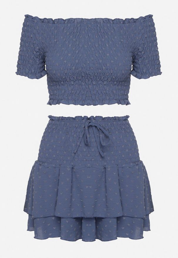 Born2be - Niebieski Komplet Top w Stylu Hiszpanki i Spódnico-Szorty z Gumką Quillatta. Kolor: niebieski. Materiał: tkanina