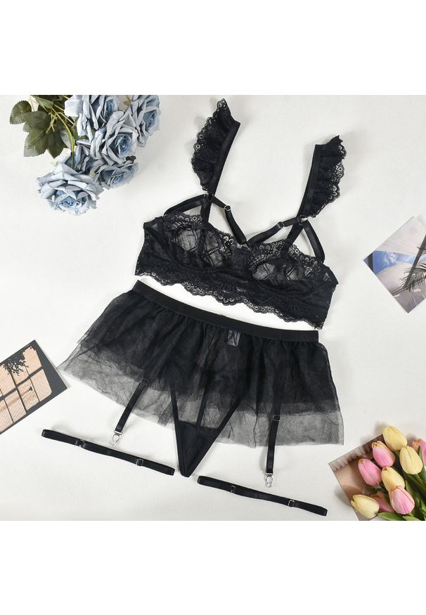 Intica - Komplet bielizny tiulowej z koronką na wyjątkowe okazje Alise. Kolor: czarny. Materiał: tiul, koronka. Wzór: koronka