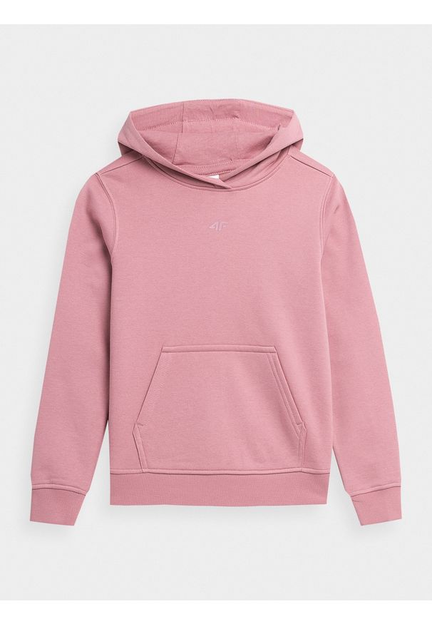 4f - Bluza dresowa nierozpinana z kapturem dziewczęca. Okazja: na co dzień. Typ kołnierza: kaptur. Kolor: różowy. Materiał: dresówka. Wzór: gładki, ze splotem. Sezon: lato. Styl: sportowy, casual