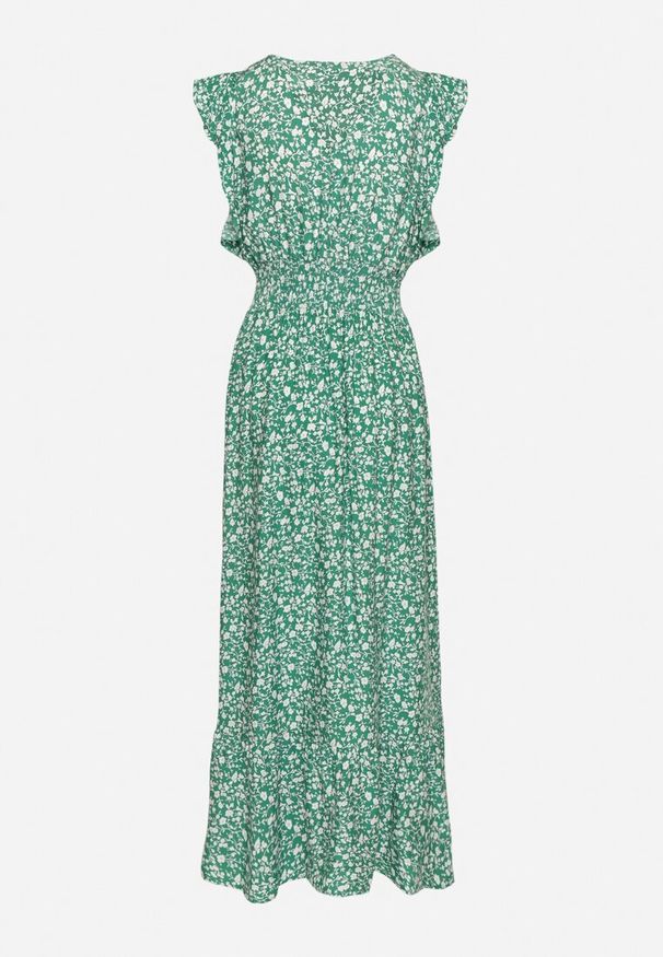 Born2be - Zielona Sukienka o Rozkloszowanym Kroju z Falbankami w Kwiatowy Wzór Aravisse. Okazja: na co dzień. Typ kołnierza: kołnierz z falbankami. Kolor: zielony. Wzór: kwiaty. Styl: casual, elegancki