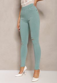Renee - Miętowe Spodnie z Dziurami i Przetarciami High Waist z Gumką w Talii Ambrogio. Stan: podwyższony. Kolor: miętowy #5