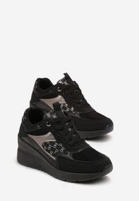 Renee - Czarne Sznurowane Sneakersy na Koturnie z Ozdobnymi Wstawkami Tuelie. Kolor: czarny. Obcas: na koturnie #3