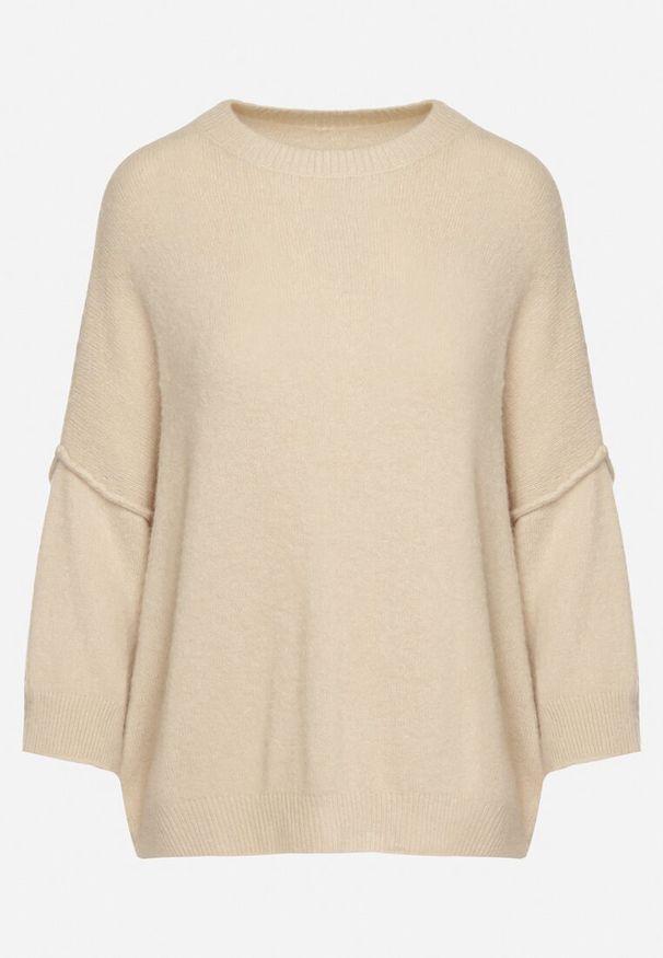 Born2be - Beżowy Sweter z Rękawami 7/8 z Domieszką Wełny Irilliane. Kolor: beżowy. Materiał: wełna. Styl: elegancki