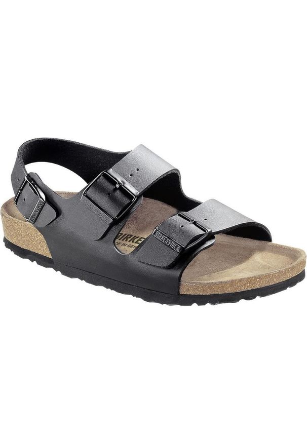 Birkenstock Milano Czarne Kapcie Dorosłych. Zapięcie: klamry. Kolor: czarny. Materiał: guma, materiał, skóra, syntetyk. Szerokość cholewki: normalna. Sport: turystyka piesza