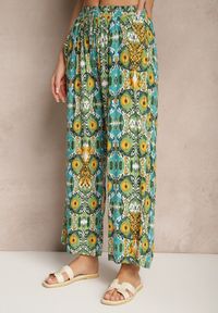Renee - Zielone Bawełniane Spodnie High Waist Szerokie we Wzór Boho Tolioria. Okazja: na co dzień, do pracy. Stan: podwyższony. Kolor: zielony. Materiał: bawełna. Styl: boho