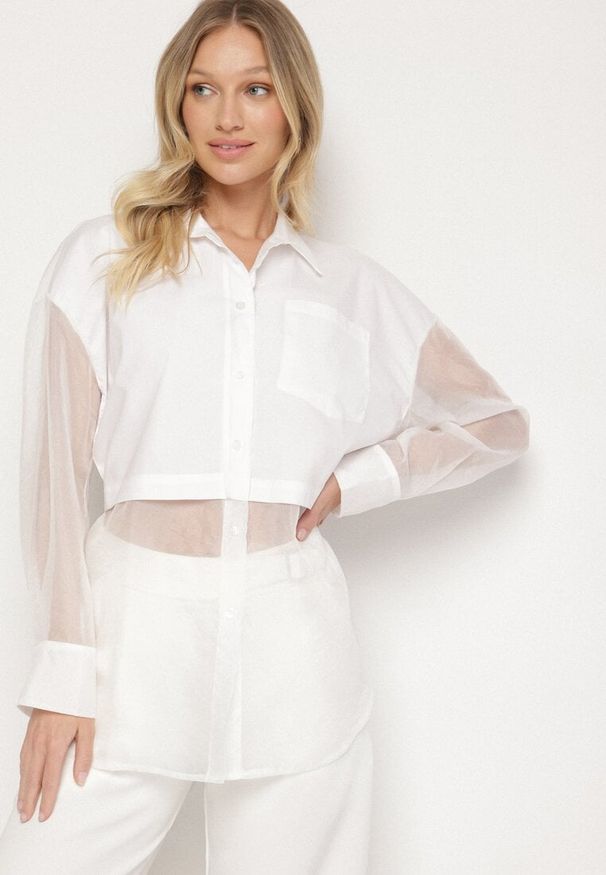 Born2be - Biała Koszula z Transparentnymi Rękawami Silomea. Okazja: na co dzień. Kolor: biały. Materiał: jeans. Wzór: aplikacja. Styl: casual
