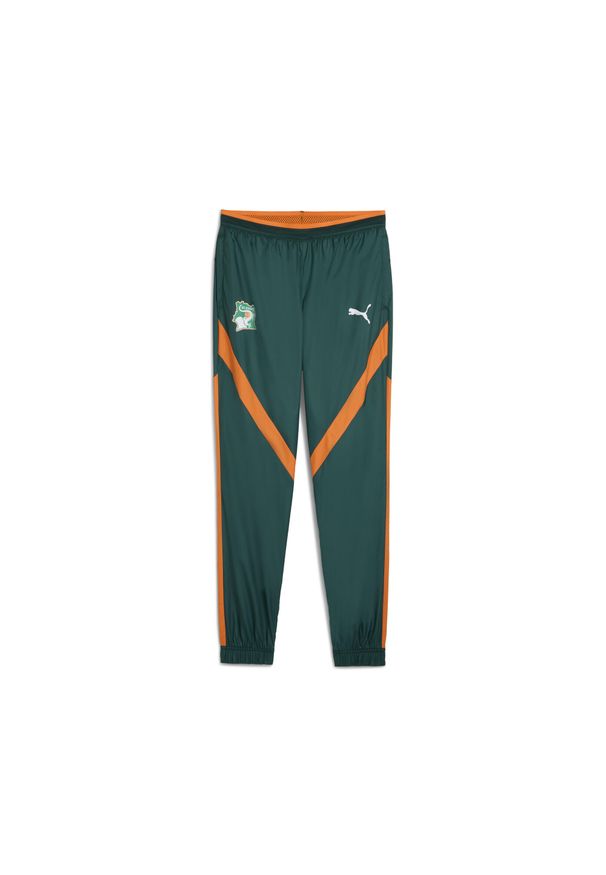 Puma - Męskie spodnie przedmeczowe Wybrzeża Kości Słoniowej 2025 z tkaniny PUMA. Kolor: pomarańczowy, żółty, wielokolorowy, zielony. Materiał: tkanina. Sport: piłka nożna