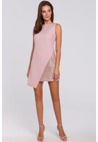 e-margeritka - Sukienka wieczorowa mini różowa - 42. Kolor: różowy. Materiał: tkanina, poliester, elastan, materiał. Typ sukienki: asymetryczne. Styl: wizytowy. Długość: mini