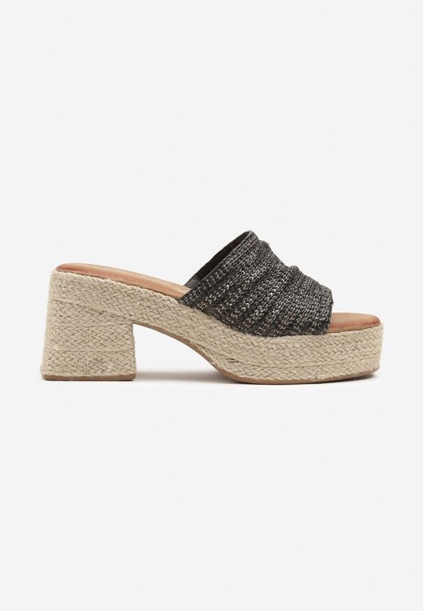 Born2be - Czarne Plecione Klapki na Słupku i Platformie Rivabia. Okazja: na co dzień. Kolor: czarny. Materiał: jeans. Obcas: na platformie. Styl: elegancki, casual. Wysokość obcasa: średni