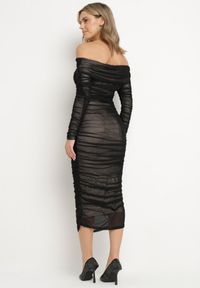 Born2be - Czarno-Beżowa Marszczona Sukienka Siateczkowa Hiszpanka z Wywiniętym Dekoltem Tinaveris. Typ kołnierza: dekolt hiszpanka. Kolor: czarny. Długość rękawa: długi rękaw. Sezon: lato. Styl: klasyczny, elegancki #5