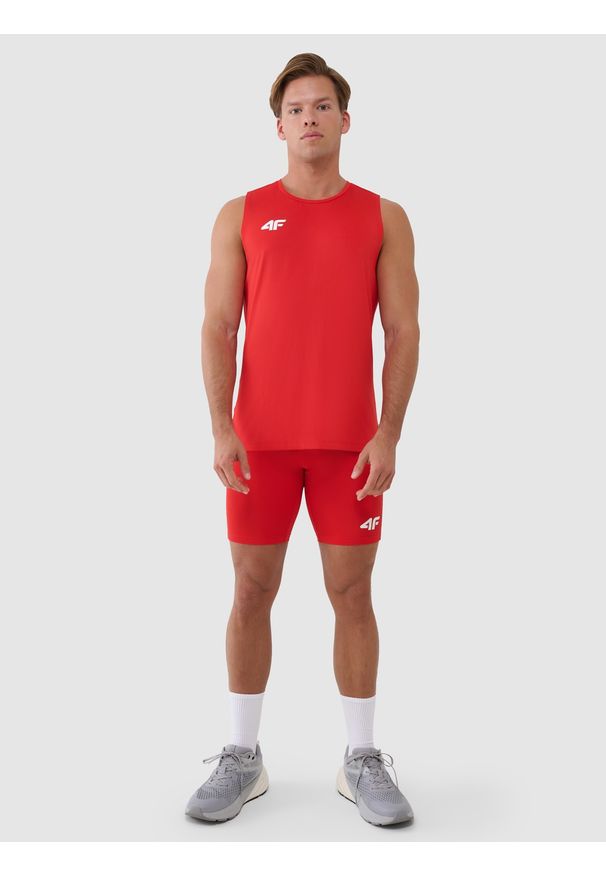 4f - 4F Legginsy krótkie treningowe męskie - czerwone S. Kolor: czerwony. Materiał: dzianina, włókno, syntetyk, materiał, elastan. Wzór: gładki, ze splotem, jednolity. Sport: fitness