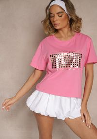 Renee - Różowy T-shirt z Bawełny z Naszytymi Cekinami Avenelli. Okazja: na co dzień. Kolor: różowy. Materiał: bawełna. Wzór: aplikacja. Styl: klasyczny, elegancki, casual