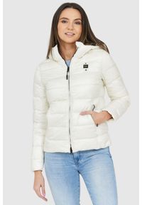 Blauer USA - BLAUER Puchowa kurtka ecru damska z kapturem Claudia fashion down jacket with hood, Rozmiar S. Typ kołnierza: kaptur. Kolor: biały. Materiał: puch