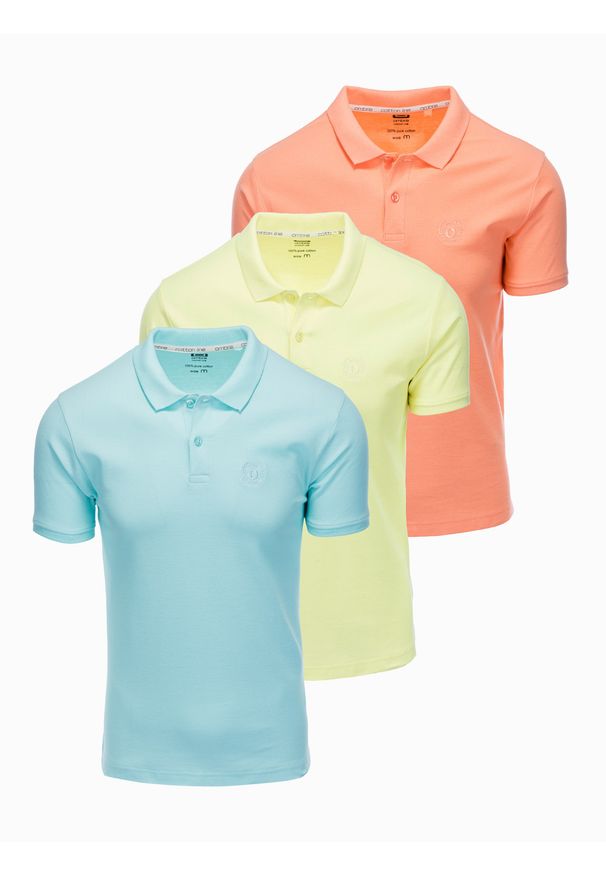 Ombre Clothing - Zestaw koszulek męskich polo z dzianiny pique 3-pak - mix V14. Okazja: na co dzień. Typ kołnierza: polo. Kolor: pomarańczowy. Materiał: dzianina. Wzór: haft, aplikacja. Sezon: wiosna, lato. Styl: klasyczny, sportowy, wizytowy, casual