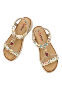 Sandały damskie Artiker, cholewka z materiału eleganckie dodatki na płaskiej podeszwie, beżowe, 58C0001. Okazja: na co dzień. Zapięcie: pasek. Kolor: beżowy. Materiał: materiał. Wzór: paski. Sezon: lato. Obcas: na płaskiej podeszwie. Styl: elegancki #4