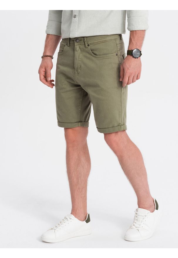 Ombre Clothing - Szorty męskie CHINO - khaki V14 - Rozmiar: L. Okazja: na co dzień. Kolor: brązowy. Materiał: elastan, bawełna. Długość: krótkie. Styl: casual