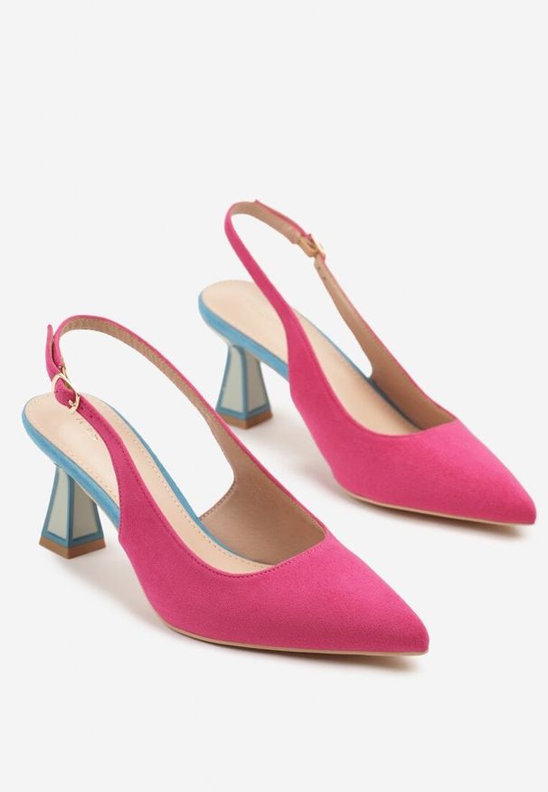 Renee - Fuksjowe Sandały Vices na Kaczuszce Typu Slingback Edilitha. Okazja: na co dzień. Zapięcie: sprzączka. Kolor: różowy. Materiał: koronka. Wzór: aplikacja. Obcas: na szpilce. Styl: casual. Wysokość obcasa: średni
