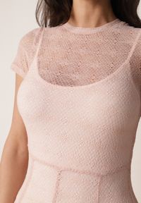 Born2be - Różowa Siateczkowa Sukienka Koktajlowa z Wiskozą na Krótki Rękaw Talogana. Okazja: na wesele, na ślub cywilny, na imprezę. Kolor: różowy. Materiał: wiskoza. Długość rękawa: krótki rękaw. Styl: wizytowy #5