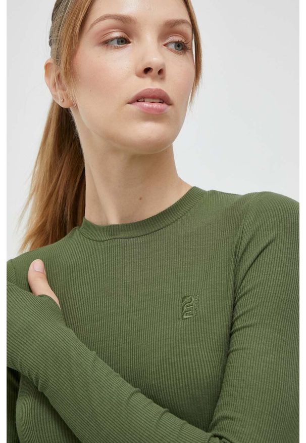 P.E Nation longsleeve Free Play damski kolor zielony. Kolor: zielony. Materiał: materiał, wiskoza, dzianina, skóra, prążkowany. Długość rękawa: długi rękaw