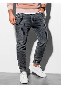 Ombre Clothing - Spodnie męskie jeansowe joggery P939 - grafitowe - XL. Kolor: szary. Materiał: jeans