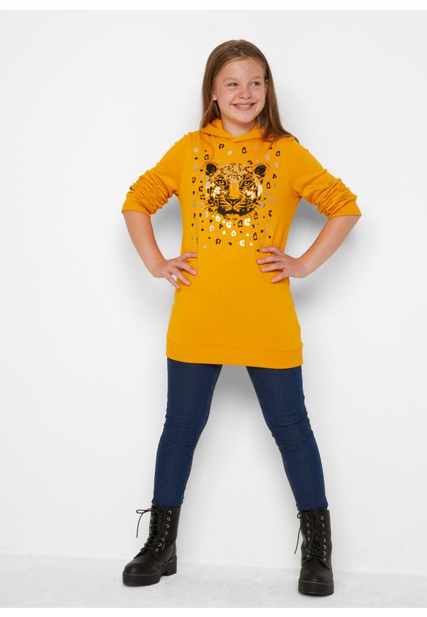 bonprix - Bluza z kapturem z bawełny organicznej. Typ kołnierza: kaptur. Kolor: pomarańczowy. Materiał: bawełna. Długość: długie. Wzór: nadruk. Styl: elegancki