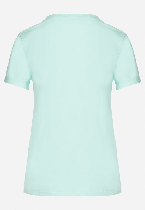 Born2be - Zielony T-shirt z Metalicznym Nadrukiem Misia i Napisów Ninellia. Okazja: na co dzień. Kolor: zielony. Materiał: bawełna, jeans. Wzór: napisy, nadruk. Styl: casual