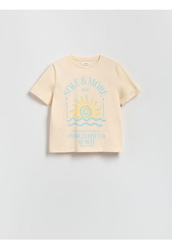 Reserved - T-shirt z nadrukiem - złamana biel. Materiał: dzianina, bawełna. Wzór: nadruk