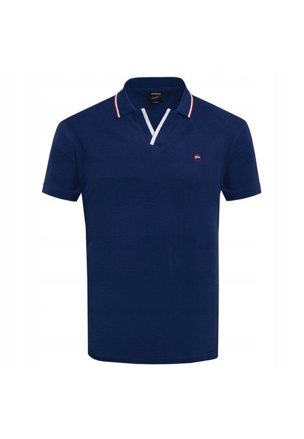 Koszulka Polo - Męska - Pako Jeans - Granatowa, Dekolt Bez Guzików. Okazja: na co dzień. Typ kołnierza: polo. Kolor: niebieski. Materiał: bawełna. Styl: casual