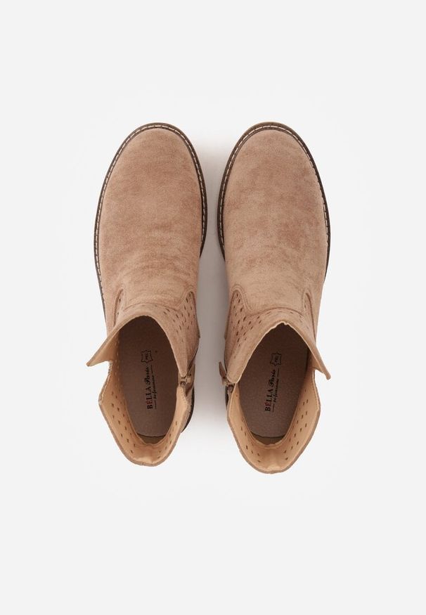 Renee - Ciemnobeżowe Ażurowe Botki na Płaskiej Podeszwie ze Skórzaną Wkładką Terilara. Okazja: na co dzień. Kolor: beżowy. Materiał: skóra. Wzór: ażurowy. Obcas: na płaskiej podeszwie. Styl: casual