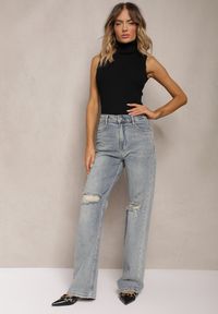 Renee - Jasnoniebieskie Jeansy z Bawełny High Waist o Szerokim Kroju Wykończone Dziurami Xeraria. Okazja: na co dzień. Stan: podwyższony. Kolor: niebieski. Styl: casual, elegancki #5