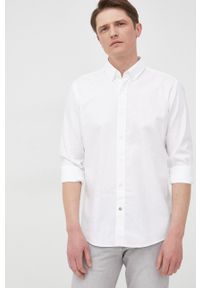 BOSS koszula bawełniana męska kolor biały slim z kołnierzykiem button-down. Typ kołnierza: button down. Kolor: biały. Materiał: bawełna