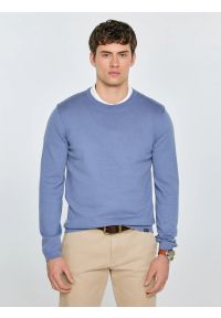 Big-Star - Sweter męski bawełniany niebieski Simoner 402. Okazja: na co dzień, do pracy. Kolor: niebieski. Materiał: bawełna. Długość rękawa: długi rękaw. Długość: długie. Wzór: gładki, aplikacja, ze splotem. Sezon: zima, jesień. Styl: casual, elegancki, klasyczny #5