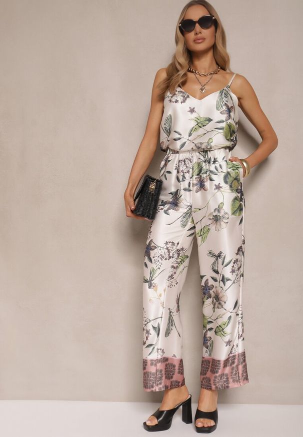 Renee - Beżowe Spodnie z Wiskozą o Szerokim Kroju High Waist w Kwiaty Davilsa. Okazja: na co dzień. Stan: podwyższony. Kolor: beżowy. Materiał: wiskoza. Wzór: kwiaty. Styl: casual