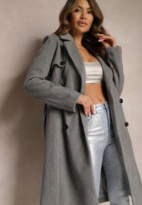 Renee - Szary Dwurzędowy Płaszcz z Wiskozy z Paskiem w Talii Beluna. Okazja: na co dzień. Kolor: szary. Materiał: wiskoza. Styl: casual #4