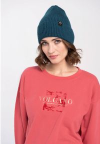 Volcano - Zimowa czapka beanie H-CHILLI. Kolor: turkusowy. Materiał: akryl, skóra, dzianina. Wzór: ze splotem. Sezon: zima. Styl: klasyczny