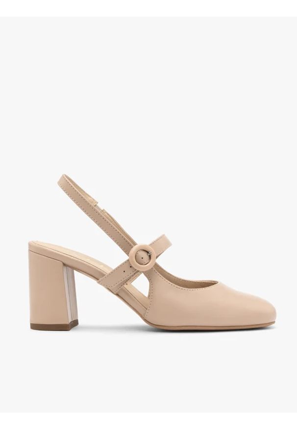 Ryłko - Beżowe czółenka typu slingback. Kolor: beżowy. Materiał: skóra. Szerokość cholewki: normalna. Obcas: na obcasie. Styl: street. Wysokość obcasa: średni