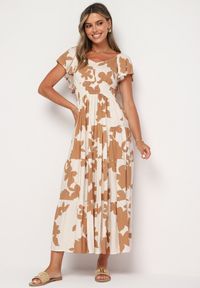 Born2be - Biało-Brązowa Wiskozowa Sukienka Rozkloszowana z Gumką w Talii Nansalinne. Okazja: na co dzień, na randkę. Typ kołnierza: dekolt w kształcie V. Kolor: biały. Materiał: wiskoza. Sezon: lato. Typ sukienki: rozkloszowane. Styl: klasyczny, casual #1