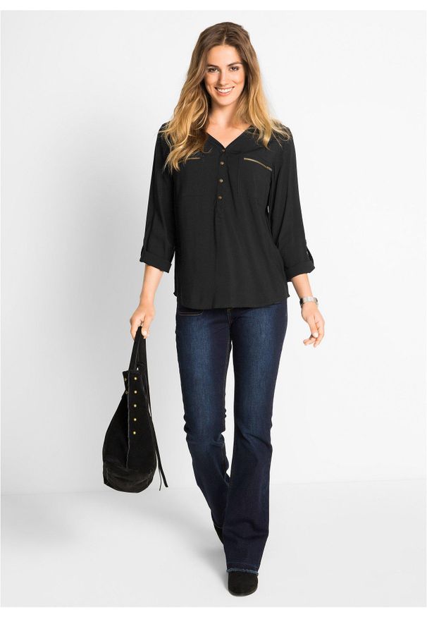 bonprix - Bluzka z wiskozy z dekoltem w serek, długi rękaw. Typ kołnierza: dekolt w serek. Kolor: czarny. Materiał: wiskoza. Długość rękawa: długi rękaw. Długość: długie