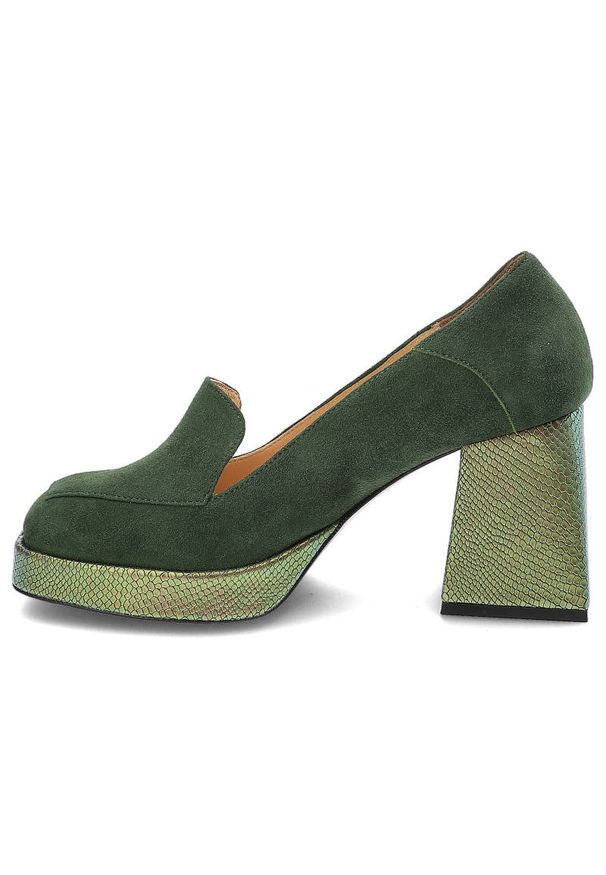 Zielone Półbuty Armodo Damskie Eleganckie Buty. Zapięcie: bez zapięcia. Kolor: zielony. Szerokość cholewki: normalna. Wzór: aplikacja. Materiał: zamsz, skóra. Sezon: wiosna. Obcas: na obcasie. Styl: elegancki. Wysokość obcasa: średni