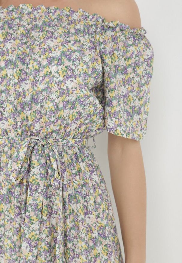 Born2be - Fioletowo-Żółta Sukienka z Bawełny Thesamia. Kolor: fioletowy. Materiał: bawełna. Wzór: nadruk, kwiaty. Długość: maxi