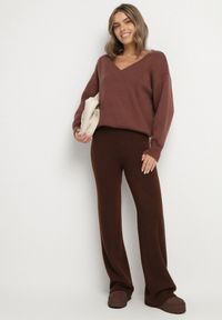 Born2be - Brązowe Ocieplane Spodnie Dzianinowe o Szerokim Kroju Miorea. Okazja: na spacer. Kolor: brązowy. Materiał: dzianina #2