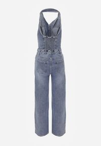 Renee - Niebieski Bawełniany Kombinezon Jeansowy z Dekoltem Halter i Kołnierzykiem Edaviann. Kolor: niebieski. Materiał: bawełna, jeans. Wzór: haft #4