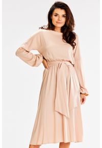 Awama - Sukienka Midi z Długim Bufiastym Rękawem - Beżowa. Kolor: beżowy. Materiał: elastan, wiskoza. Długość: midi #1