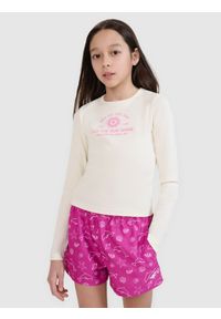 4f - 4F Longsleeve slim z nadrukiem dziewczęcy - biały 152 (11-12 lat). Okazja: na co dzień. Kolor: biały. Materiał: dzianina, bawełna, prążkowany. Długość rękawa: długi rękaw. Długość: długie. Wzór: nadruk. Sezon: lato. Styl: klasyczny, sportowy, casual